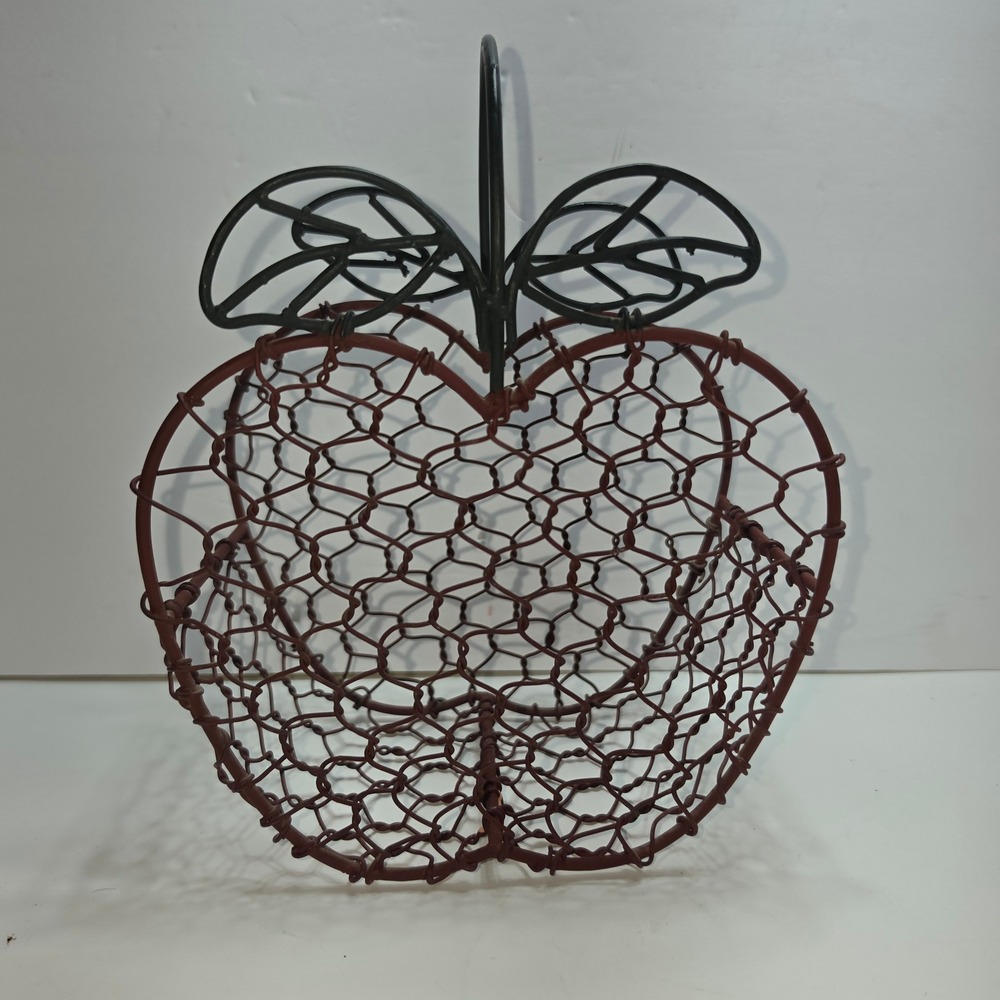 Rustic Apple Shaped Wire Fruit Basket Red Chicken Wire Farmhouse Decor Handle
